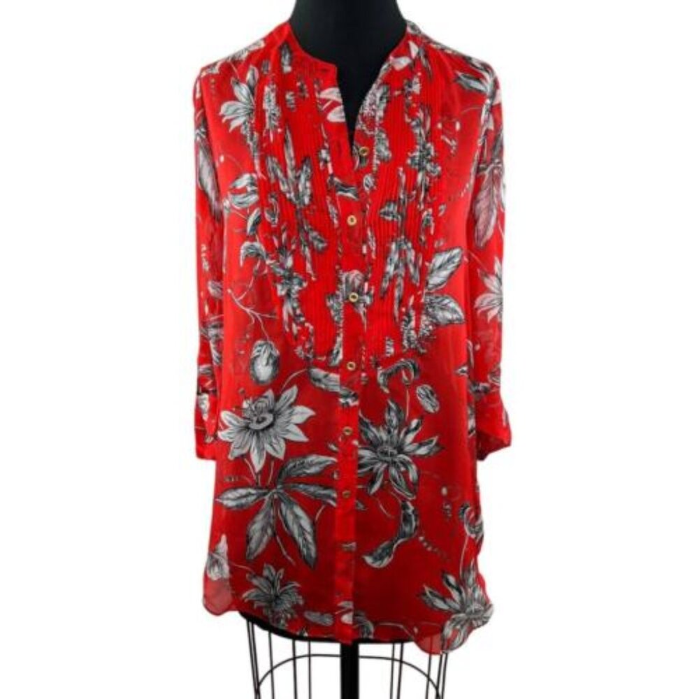 Anthropologie Leifsdottir Silk Long Tunic Shirt Size 4 Red Floral Sheer Pintuck